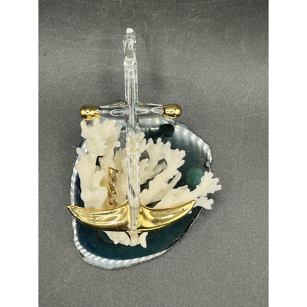 VTG Art Glass Anchor On Coral & A Slice Of Agate Nautical Beach Decor 5"x3"x1.5"